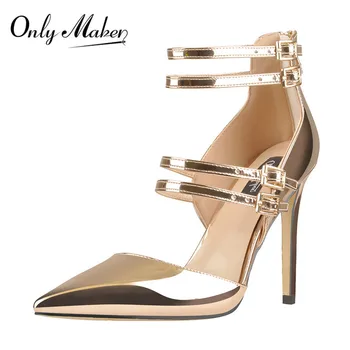 Женски обувки Onlymaker с остри пръсти, черни и златни обувки-лодка с каишка на щиколотке, катарами, колани, ципове, шипове, вечерни обувки с тънки високи токчета