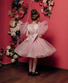 Розова рокля от тюл, елегантна рокля за рожден ден за едно малко момиченце, с кръгло деколте, расшитое пайети рокля на цветчета за момичетата, празнична рокля от 1 до 14 години