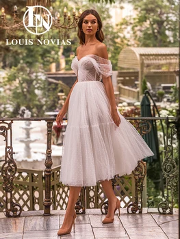 Сватбена рокля трапецовидна форма LOUIS NOVIAS 2024, сватбената рокля със средна дължина, с открити рамене, сватбената рокля на точки, Vestidos De Новия