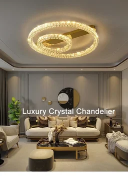 Луксозен околовръстен тавана лампа Модерна спалня Хол Кристална тавана лампа Златист блясък Led таван, висящи лампи с регулируема яркост CX105
