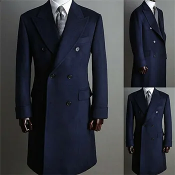 Тъмно синьо мъжко палто, дълго палто, мъжки костюми, официалната работно облекло с ревера на копчета, зимата е топло, плюс размери, изработена по поръчка