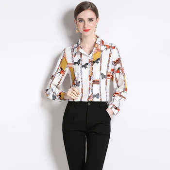 Модерни Дизайнерски блузи Vinatge за подиум, пролетно-летни дамски Елегантни шифоновые ризи с принтом в ретро стил с дълъг ръкав, модни потници