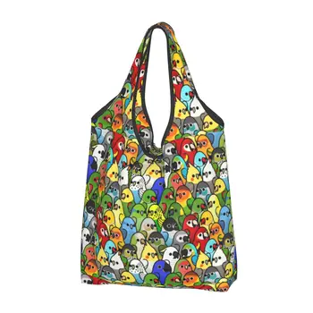 Забавен принт, чанта за пазаруване с птици-папагали, преносим пазарска чанта през рамо, чанта за птици-попугаек