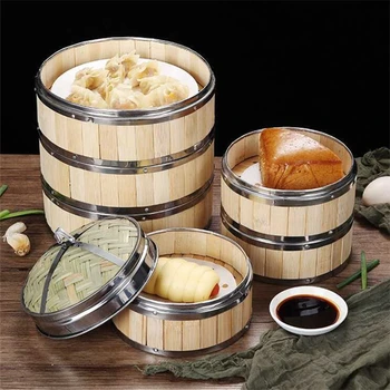 Множество кухненски Кръгла бамбук двойна котела с капак, Решетка за приготвяне на равиоли, поставка за печки, Хартиена кухненска посуда, кухненски принадлежности