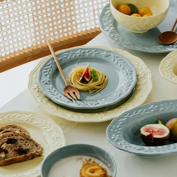 Чиния за вечеря в скандинавски ретро стил, Керамични чинии цвят Моранди, Набор от ястия за стек, Паста, хляб, Сандвич, Салата, Десерт, Плодова салата. Съдове за готвене