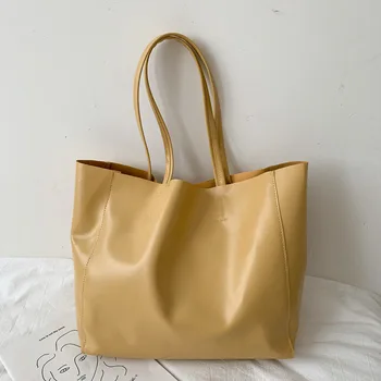 Голям дамски чанти-тоут от изкуствена кожа с твърда засовом, мека чанта през рамо, чанта за пазаруване, проста Корея дамски ежедневни чанта