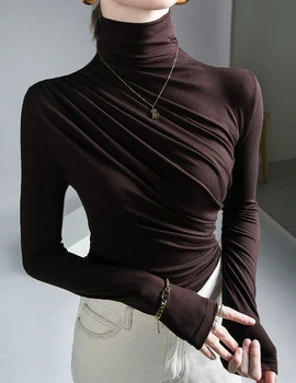 Дамски зимни Модни тънки пуловери с рюшами, темперамент, Однотонная дамски дрехи, Дамски ежедневни елегантен топ с дълъг ръкав