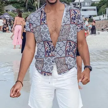 INCERUN Мъжка риза с ревери с принтом, Градинска дрехи с къс ръкав, Хавайски ризи за почивка, Дишаща Ежедневни мъжки дрехи на Лятото 2023