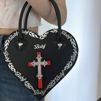 Дамски чанти в готически стил Y2k във формата на сърце, креативна чанта през рамо в стил пънк, дамска чанта за през рамото от изкуствена кожа, черна чанта в стил Лолита