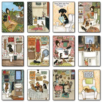 Плакат със сладък куче, животни, такси, куче и домакиня, живопис върху платно, стенно изкуство за кавайной хол, декорация на дома, стенопис