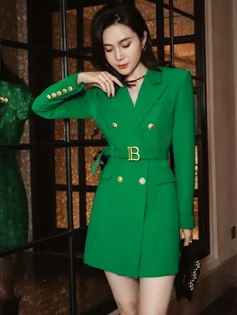 Висококачествен зелен уличен модерен яке с приталенным кроем и двубортный нов костюм-рокля за модерни жени